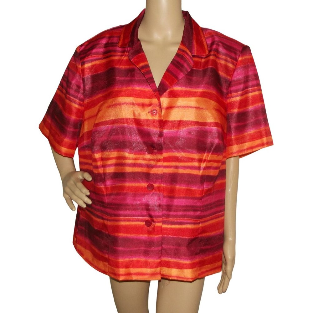 Sag Harbor Plus 20W Buttons Down Blouse orange burgundy tribal striped shirt top